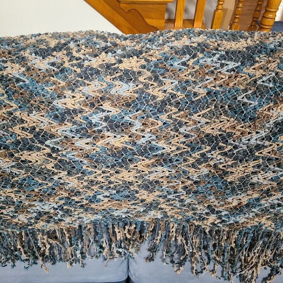 Chenille Woven Knit Open Weave Throw Blanket Chevron Pattern With Fringe Ocean - Picture 6 of 12